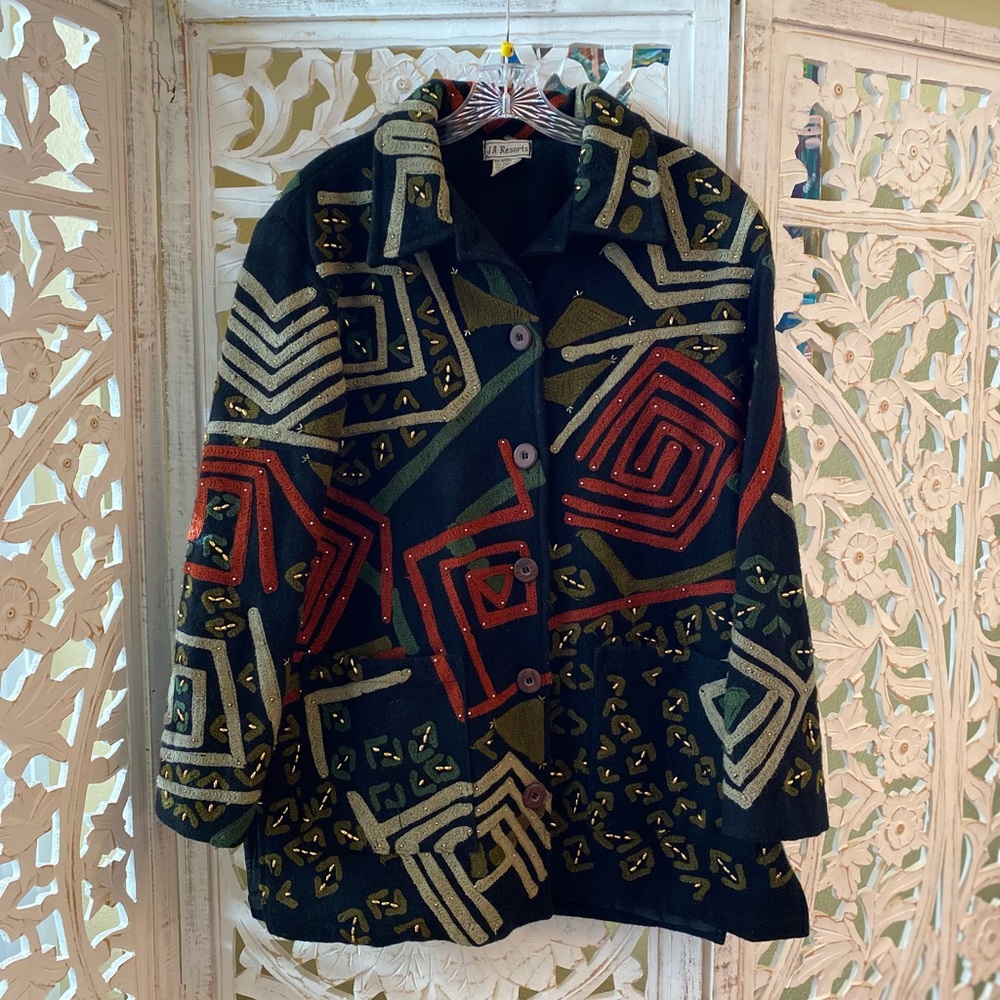 Artsy Eclectic Embroidered & Beaded Vintage Wool Coat Jacket -JA Resorts- Medium